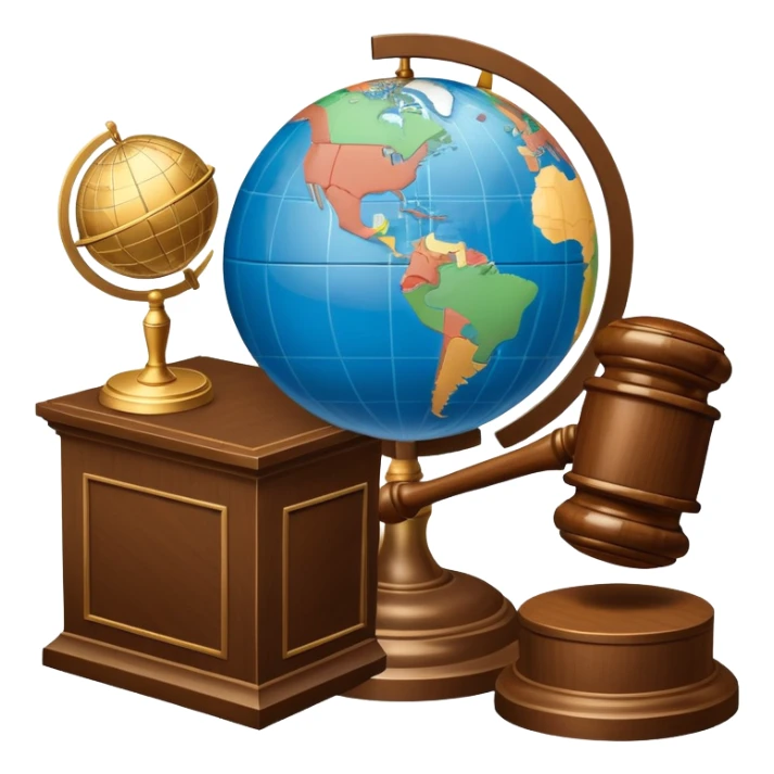 An icon featuring a globe with a gavel and a political map, symbolizing political science. The design includes a ballot box and a podium, representing democracy and governance. Transparent background highlights the study of political systems and global relations. sticker