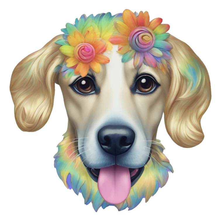 Multicolored rainbow retro groovy tie dye hippie trippy floral patterns on a metallic holographic iridescent blue dog face head unicorn sticker