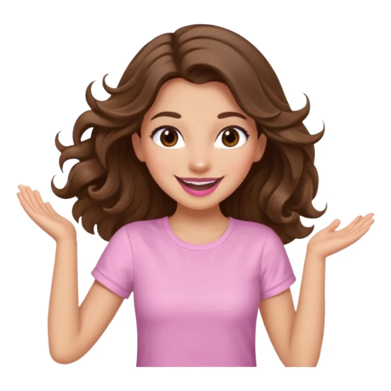 girl with wavy long brown hair, brown eyes, light to medium complexion, long lashes, light pink lipstick, smiling, wearing light pink shirt, dancing sticker