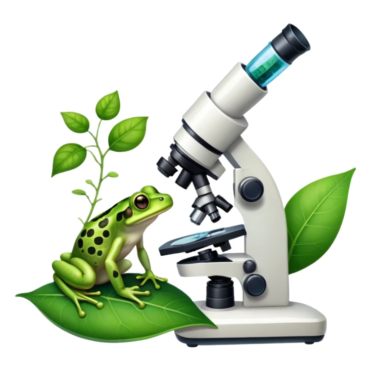 An icon featuring a DNA strand, a microscope with visible cells, and a green leaf, symbolizing biology. The design includes animal cells, plant structures, and a frog, representing the study of living organisms and ecosystems. Transparent background highlights life sciences and biological research. sticker