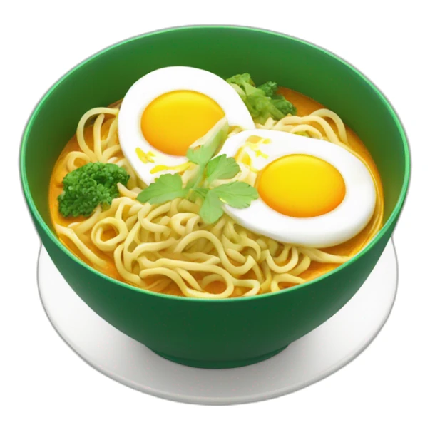 a green bowl of curry noodle with egg sticker