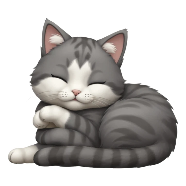 dark grey and white small cat with closed eyes, leaning his head on his paw while leaning on his elbow lying down sticker