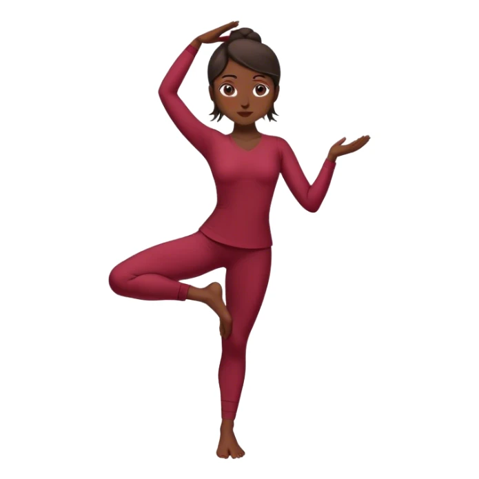 A serene woman practicing the Tree Pose (Vrksasana), embodying stability with wine red clothes and dark hair sticker