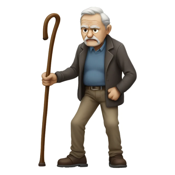 Old man leaning on a walking cane and holding his crancky back with his hand, grumpy face, detailed sticker