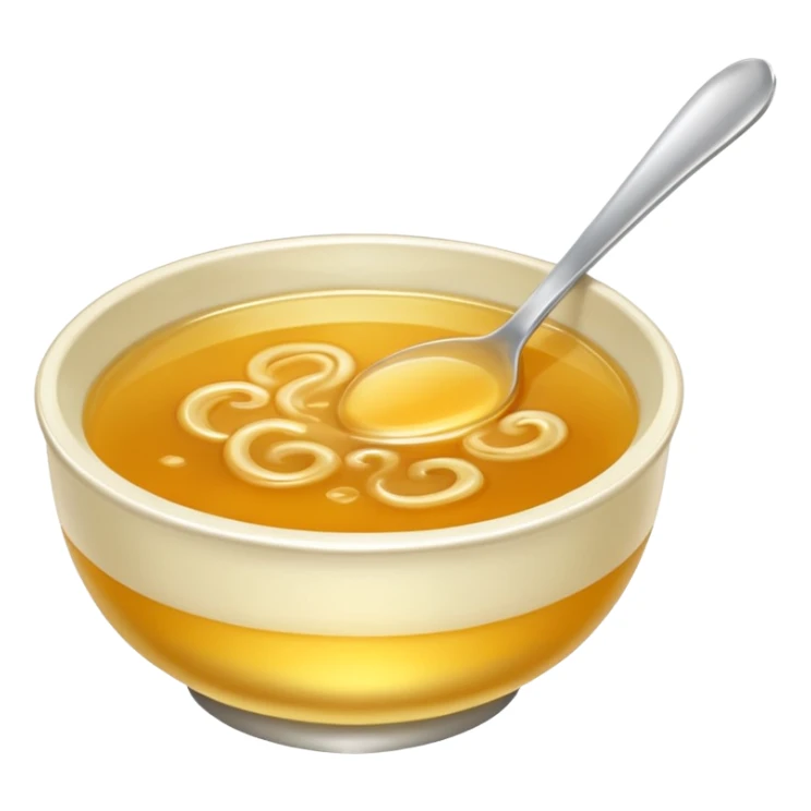 a bowl of golden broth, shiny, smooth, no spoon, simple, clear sticker
