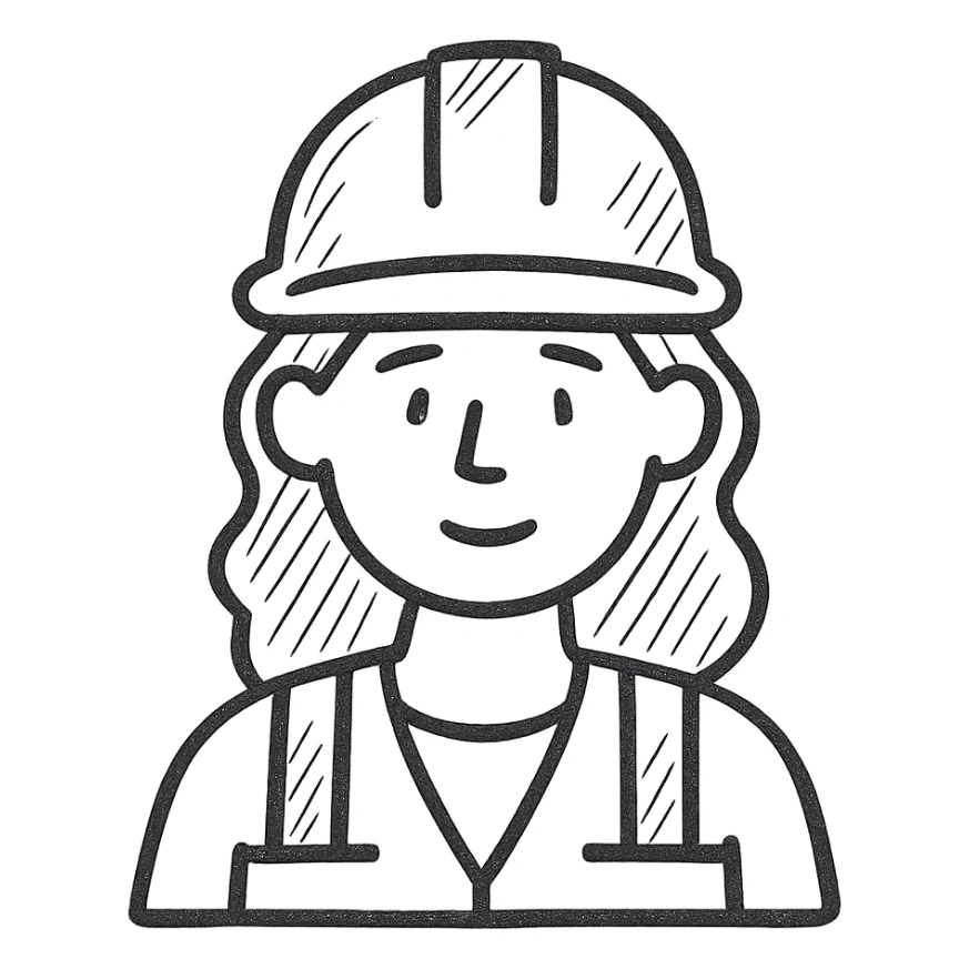 hand drawn outlined icon of a woman construction worker with no fill, wearing a hard hat sticker
