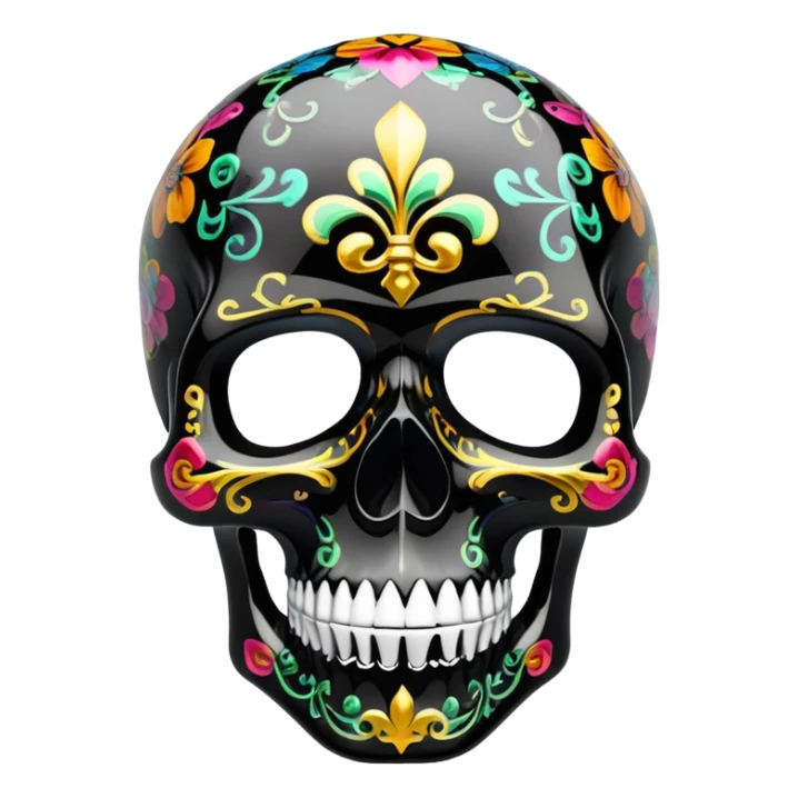 high-end glossy black skull with intricate luxury brand pattern, prismatic color accents inside skull only, professional street art quality, side view sticker