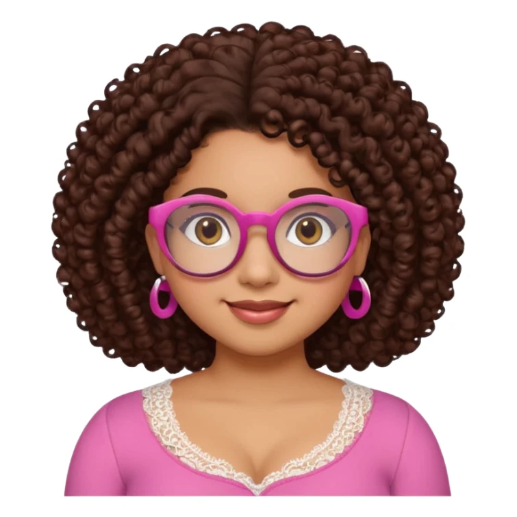 medium-light kinned afro-latina girl with medium length chocolate brown side part curly hair, brown glasses, brown eyes, pink sweetheart necklined top with lace, round wide-ish nose, chubby oblong face sticker