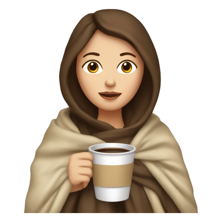 White Woman with brunette hair snuggled in a blanket with a coffee sticker