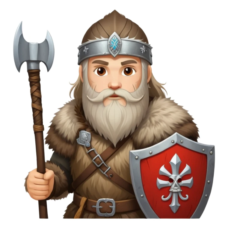 Russian pagan warrior with fur clothing, axe, shield with Slavic symbols, long beard sticker