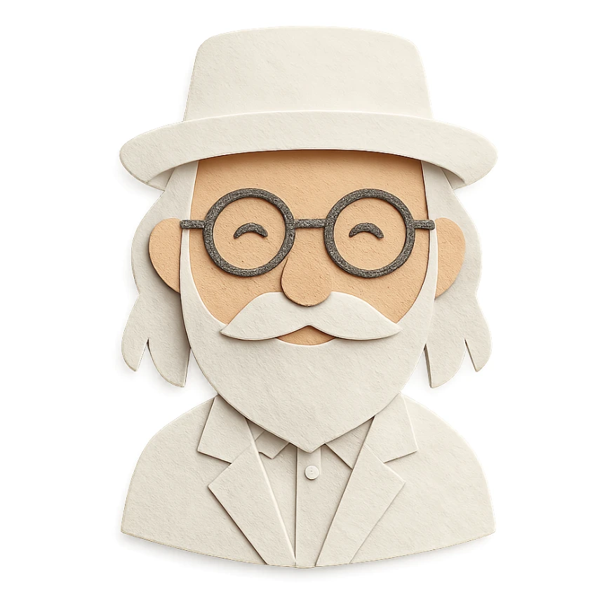 old man with a white hat, slightly long white beard, white moustache, round glasses, white suit, white longish hair, paper craft style sticker