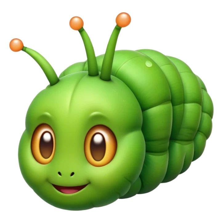 Cinematic Realistic Cute Caterpillar Portrait Emoji, Head tilted playfully and inquisitively, featuring a compact, segmented body in bright, vibrant green with delicate, inviting textures and a charming, rounded face with sparkling eyes full of curiosity, rendered with lifelike detail and natural highlights, high shine, affectionate and spirited, styled with a touch of garden whimsy, soft glowing outline, capturing the essence of a mischievous yet lovable caterpillar that seems poised to crawl cheerfully into your arms! sticker
