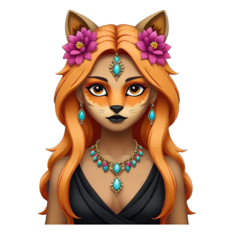 Multicolored gloomy moonshine dark edgy spooky hot warm badass realistic floral exotic Falvie-Fionbri-animal, full body, wearing jewelries sticker