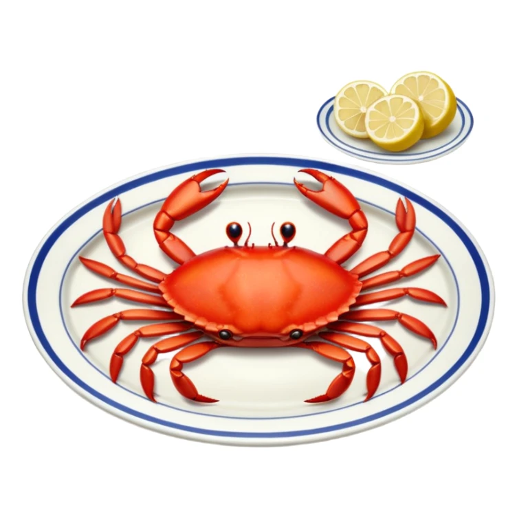 crab on a porcelain platter with lemon  sticker