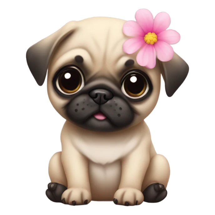 Baby pug with big pink
eyes playing with a flower  sticker