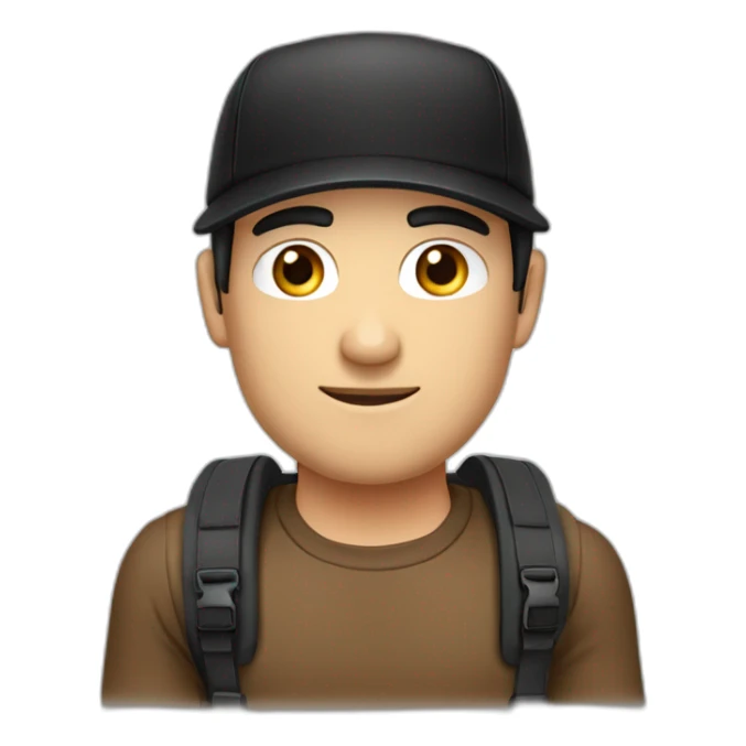 man,-caucasian,-with-a-brown-cap- -and-black-t-shirt- half body- black hair, black eyeblack-without suitcase sticker