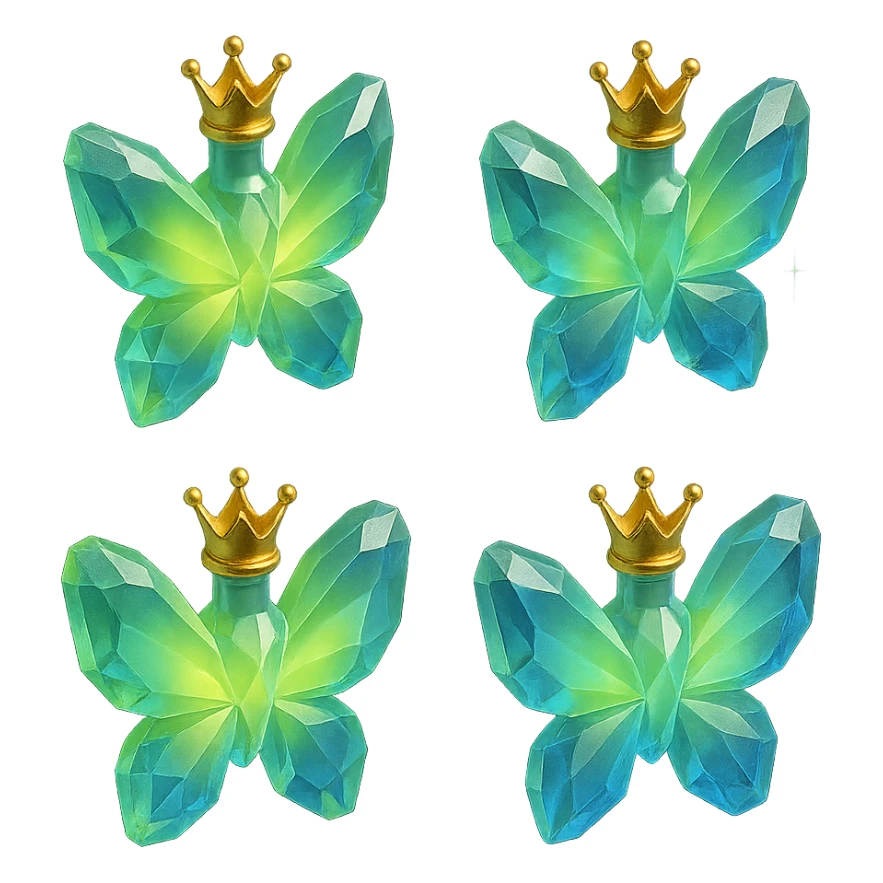 crystal luxurious butterfly-shaped bottle with a short neck and princess crown, many facets, glowing, light refractions, green (#c0ff53) and blue colors, golden details, magical effects, floating in air, transparent background, no base or shadow sticker