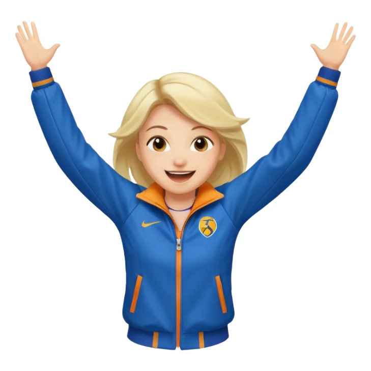 A girl in a sporty jacket, jumping slightly while cheering loudly. sticker