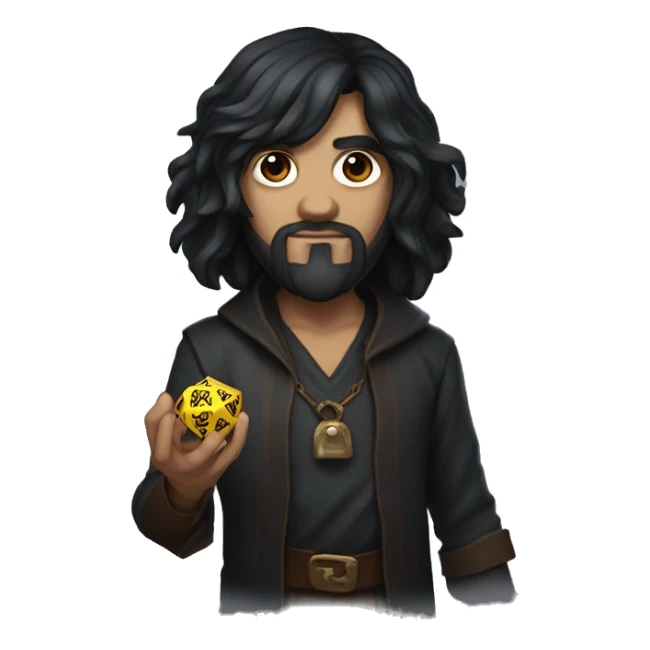 Long dark hair dungeon master holding a D20 dice sticker