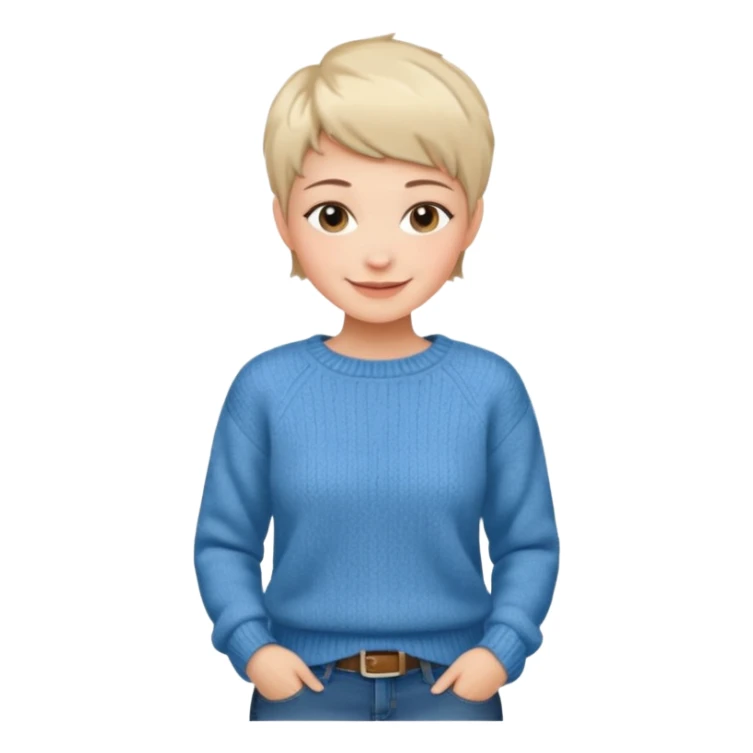 woman sitting chair short pixie hair jeans sweater smile  sticker