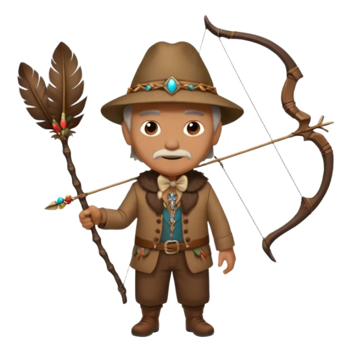 The classic image of a middle-aged uncle hunter carrying a bow, dressed in brown clothes, with some ornaments made of feathers, bones or teeth on his body. sticker