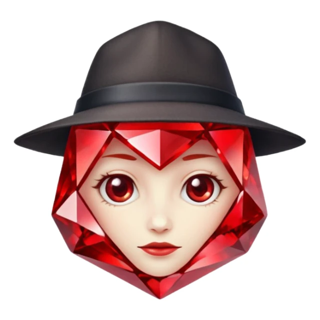 A single red crystal gemstone character wearing hat,  irregular with faceted very sharp sides,, , high detail, sticker
