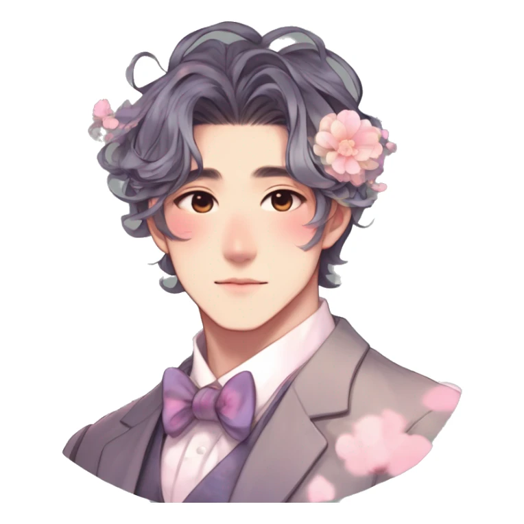 Gorgeous romantic anime style Asian formal modern gentlemanly guy with pretty hair and flower petals and blushing face aesthetic trending style with colorful gradient colors  pastelcore cottagecore kawaiicore sticker