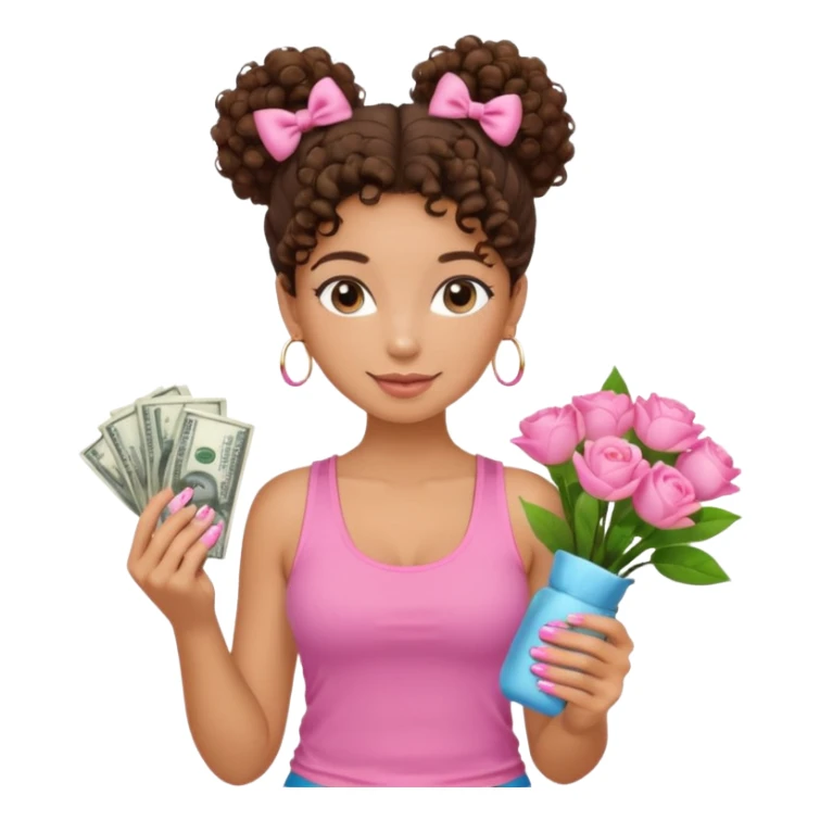 Uma menina com o cabelo cacheado com um Coque com baby hair, morena, e com uma regata rosa com um gloss na frente da regata ,com unha em gel,e com dinheiro na mão ,e com flores na outra mão,  sticker