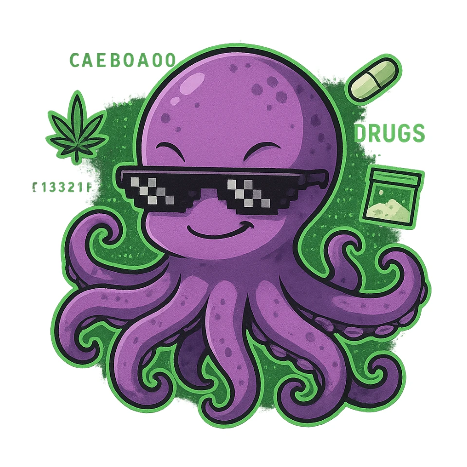 cute small anime kraken with a sly smile, wearing hacker sunglasses, surrounded by digital code and subtle drug references, darknet and drugs theme sticker