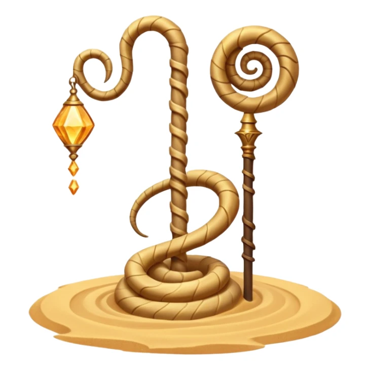 desert sand mage staff object icon, ancient staff with serpent coils around it, glowing golden sand gem on top, swirling sand aura, fantasy desert weapon, 3D cartoon, mobile game icon style, centered, clean background, no text, no watermark
 sticker