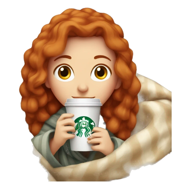 Redhead girl in cozy blanket drinking Starbucks sticker