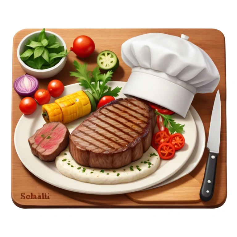 icon featuring a chef’s hat, a cutting board with fresh ingredients, a knife, a beautifully cooked ribeye steak, shashlik skewers, and a plate of food in the making. The design captures the passion of cooking with warm, inviting colors, and realistic textures. Transparent background. sticker