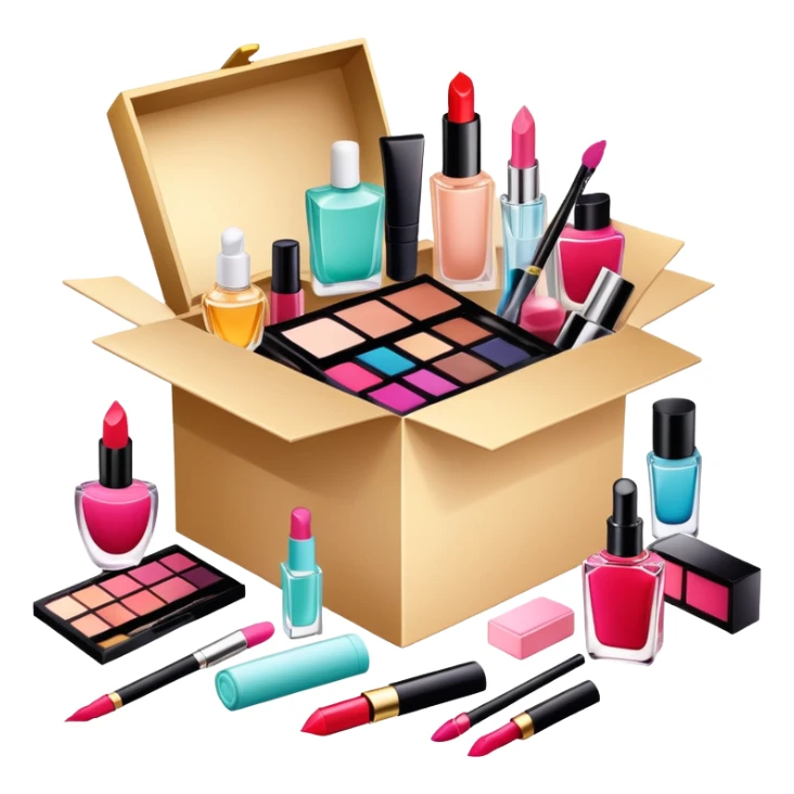 an opened box with various beauty items spilling out, including makeup, skincare, and perfume sticker