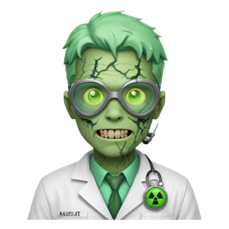 radioactive zombie scientist portrait, head and shoulders only, glowing toxic veins, cracked goggles, lab coat with radiation badge, sinister smile, 3D cartoon, mobile game icon style, clean background, no text, no watermark
 sticker