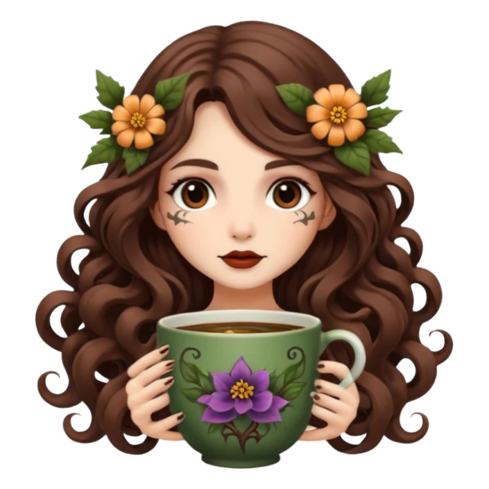 cute forest witch woman long wavy brown hair tattoos curled in flower cup sticker