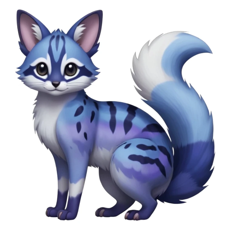  dull-colored gloomy-dark-deep-grayish-indigo-violet-gradients ghostly spectral spooky fur with random dark markings beautiful elegant pretty precious cute  Fakémon-Pokémon-opossum-feline-serval-caracal-chinchilla-Furret-Minccino-hybrid-creature with a big fluffy bushy tail (full body) sticker