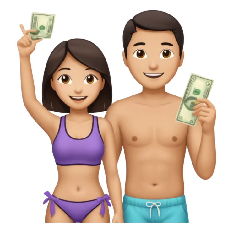 Asian couple wearing beach clothes throwing money sticker
