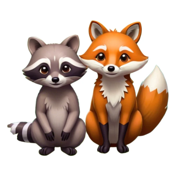 Collage of a raccoon and a fox, in close-up, surrounded by a colorful forest with rich green trees, thick bushes, and vibrant foliage. Sunlight peeks through the branches, casting warm light on the animals. A lively, natural setting with a transparent background. sticker