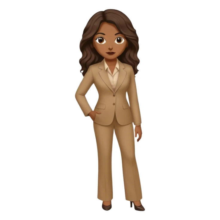 dark brown woman with medium brown long wavy hair with middle part and an executive tan pant suit  sticker