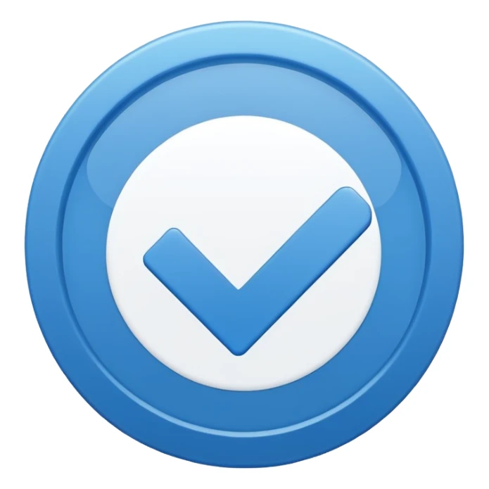 Simple icon, blue circle with a white checkmark in the center, clean white background, flat design, minimal style, clear and sharp, no text, no shadow. sticker