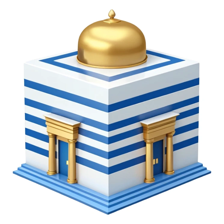 A cubic-shaped temple with smooth, clean edges and blue and white horizontal stripes along the walls. The structure has no pillars or columns. A Polished golden dome sits centered on top of the cube, with a smooth surface and no spiral or finial at its peak. The architectural style is minimalist  sticker