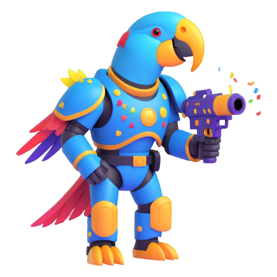 party parrot as a space marine, wearing futuristic armor, holding a confetti blaster, colorful and fun sticker
