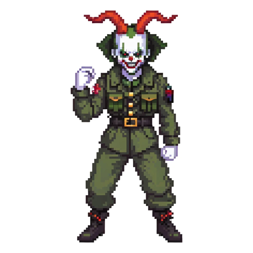 evil clown soldier, bald, small black satan horns on forehead, fangs, pointed ears, eye patch over one eye, black and military green clothes with bellbottom pants, realistically proportioned, less bulky, full body, fighting stance sticker