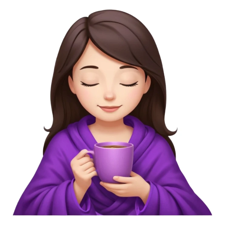 girl brunette inside a violet blanket sipping coffee from pink mug eyes closed sticker