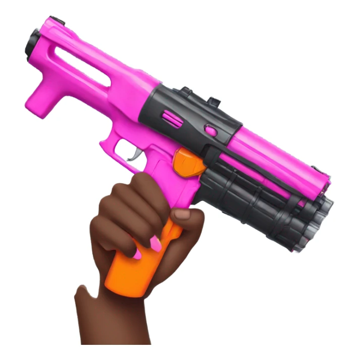 brown hand with pink nails holding large scary dark nerf gun sticker