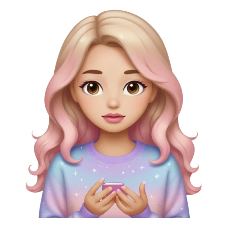 “Emoji girl, soft eyeliner, gradient rose lips, light brown shimmer eyeshadow, sparkly aegyo-sal, long wavy hair, cozy pastel sweater.” sticker