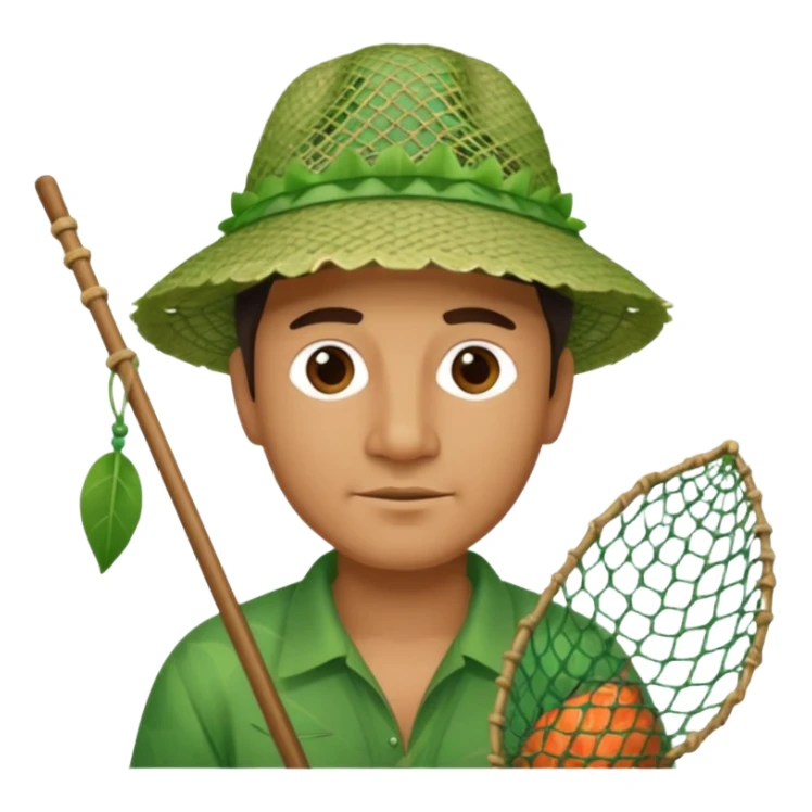 Hawaiian man with leaf hat green and fishing net sticker