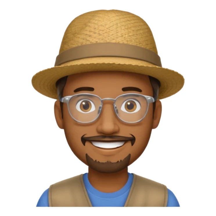 Brown man smiling no teeth showing with hat, clear glasses and goatee sticker