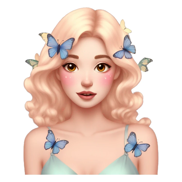 Gorgeous pastel lady with blushing face and butterflies aesthetic trending style sticker
