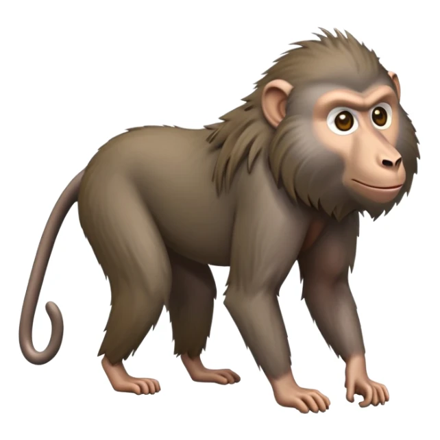 cinematic-hairy baboon-full-body-standing on all fours-emoji,-head-tilted-dramatically,-thick-grey-and-brown-fur,-simplified-yet-realistic-focused-features,-highly-detailed,-glowing-with-an-almost-sarcastic-glow expressive eyes sticker